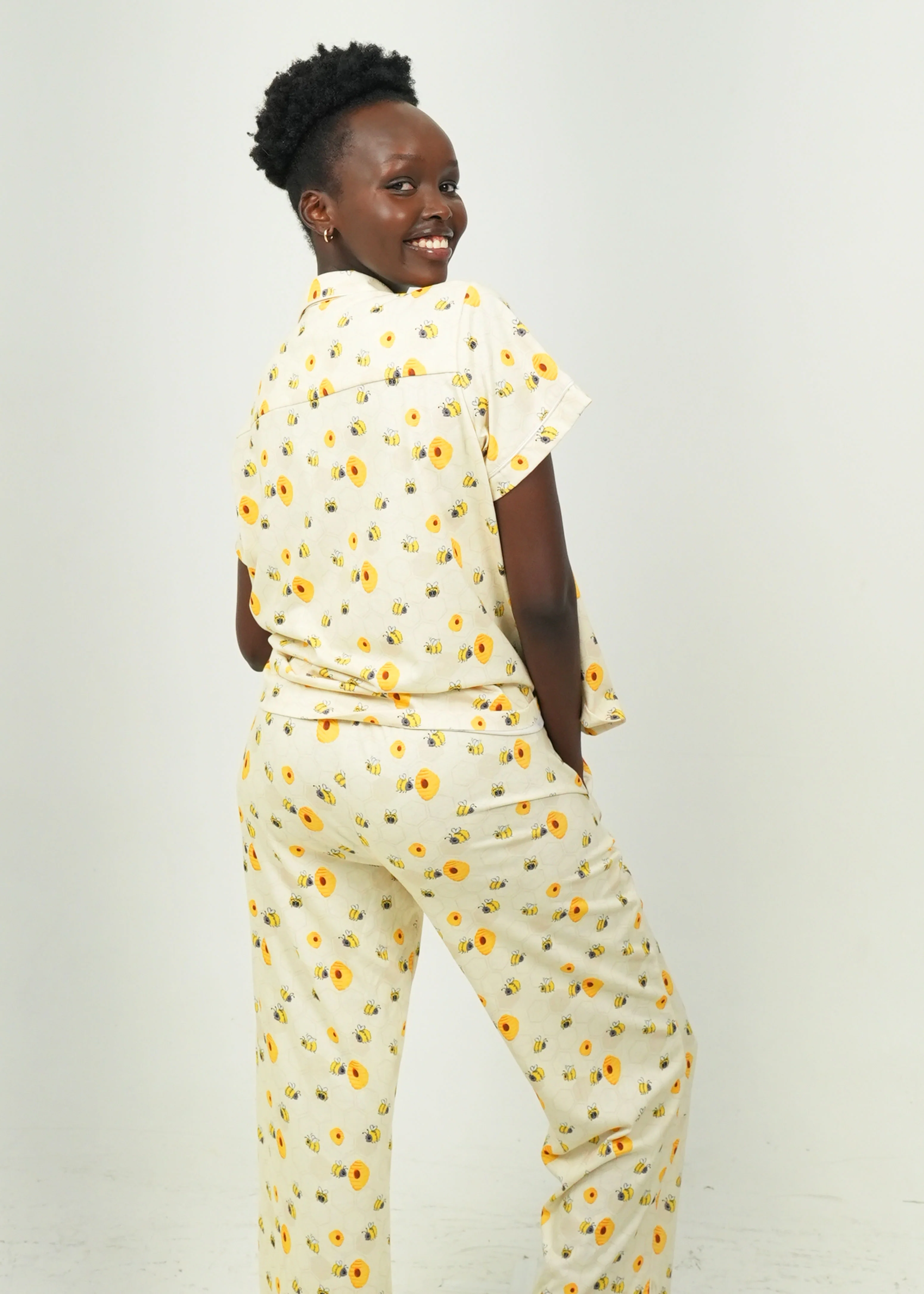 Yellow Bumble Bees Jersey Knit Cotton Short Top / Long Pants PJ Set - Image 4